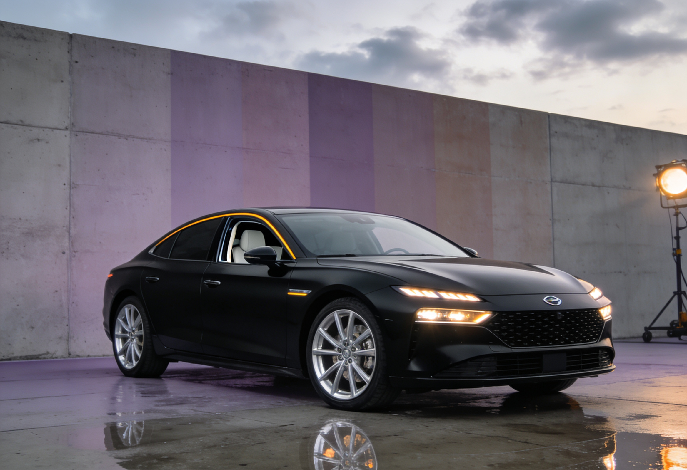Lavender blush gradient duvar önünde park etmiş matte carbon black hibrit sedan